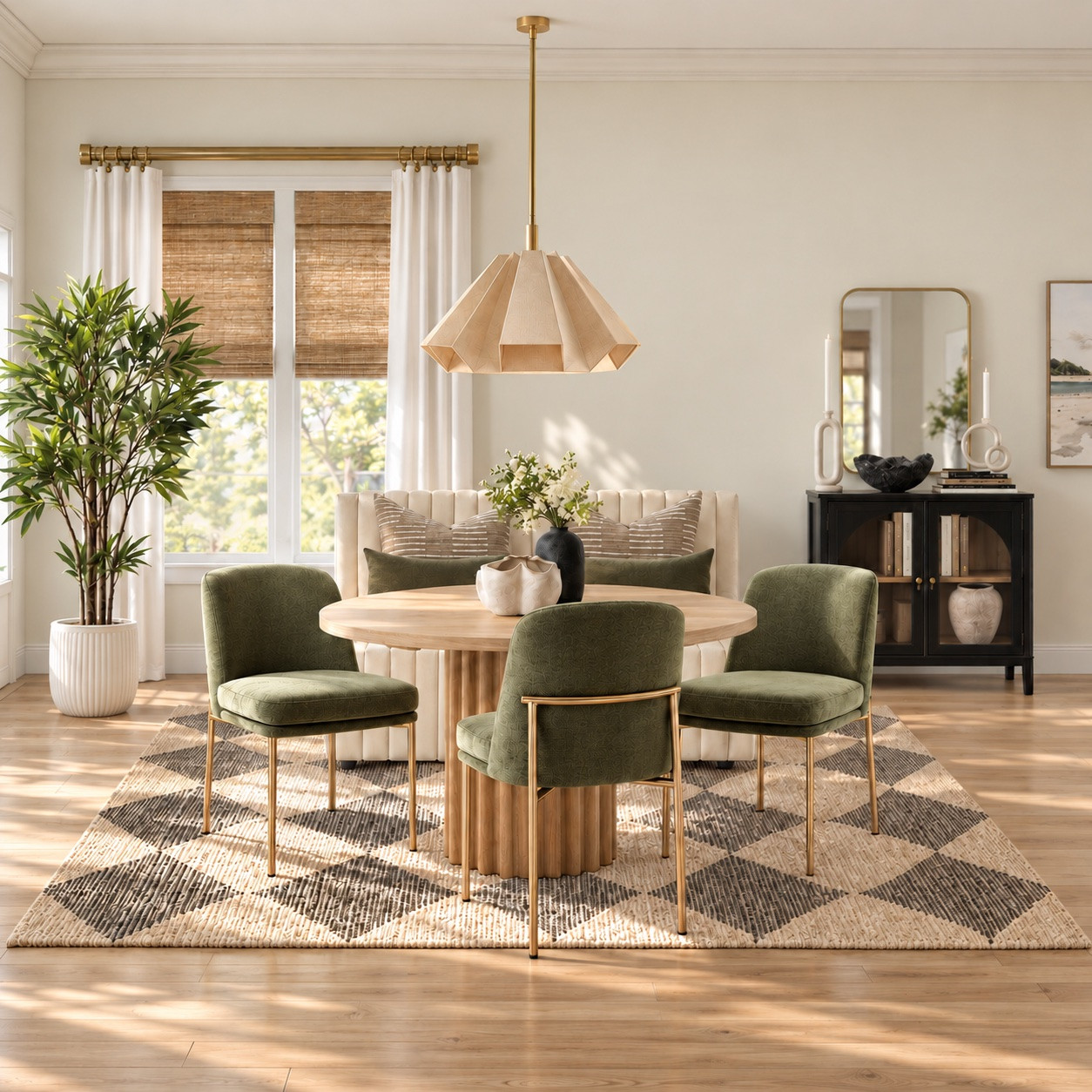 Modern Classic Dining Room Inspiration

Olive green seating, warm wood tones, and a statement light bring the perfect mix of modern and timeless style to this dining room. 🌿🤎