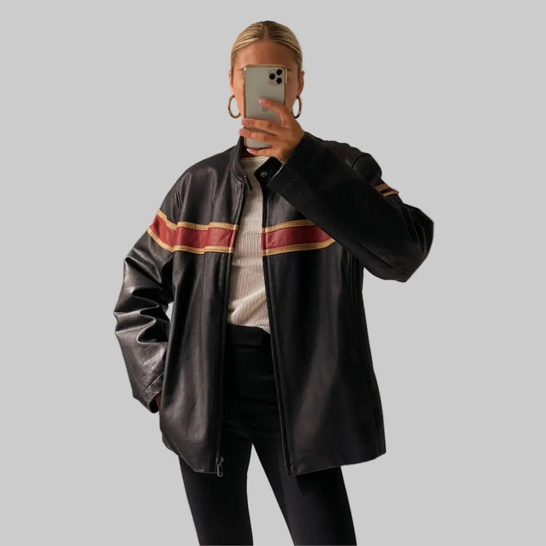 Vintage 90s Cafe Racer Oversized Black Leather Biker Striped Jacket: Women's Retro Motorcycle Sty... | Etsy (US)