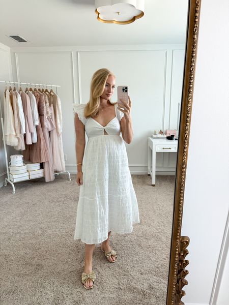 This target dress is giving me all the bridal vibes! A great option for a bridal shower or bridal luncheon! I have it dressed casually with these adorable Avara sandals. Would also be so cute dressed up with heels! Run tts, I’m wearing a size small! Bridal dresses // wedding shower dresses // brunch dresses // Easter dresses // resort wear // target finds

#LTKstyletip #LTKSeasonal #LTKfindsunder50
