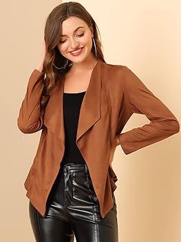 Allegra K Women's Moto Faux Suede Jacket Lightweight Open Front Lapel Draped Outwear Cardigan | Amazon (US)