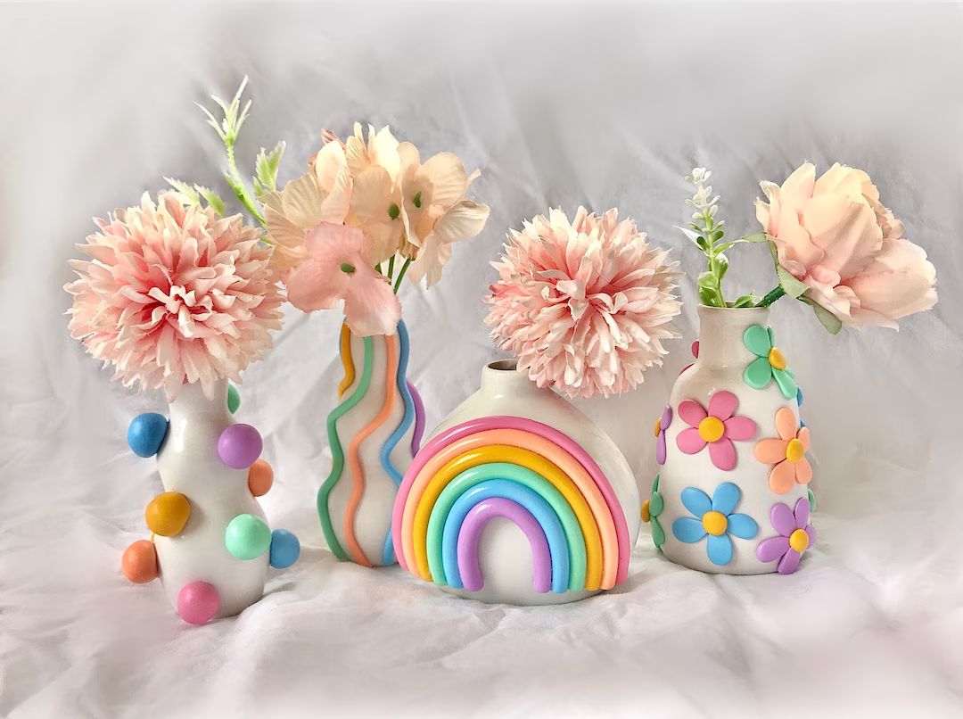 Retro Eclectic Colorful Bud Vase/ Cute Ceramic Vase/ Rainbow - Etsy | Etsy (US)