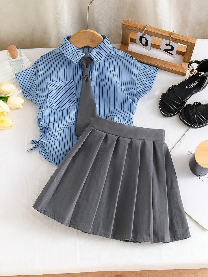 SHEIN Young Girl School & Casual Shirt With Tie, Featuring Side Pleats Design, Matched With Pleat... | SHEIN