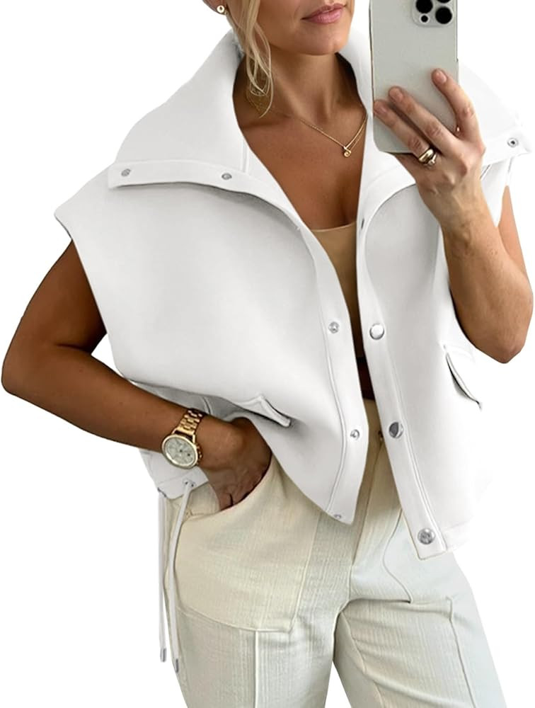 Cicy Bell Womens Fall Oversized Vest Cropped Button Down Cap Sleeve Lapel Collar Jackets Casual D... | Amazon (US)