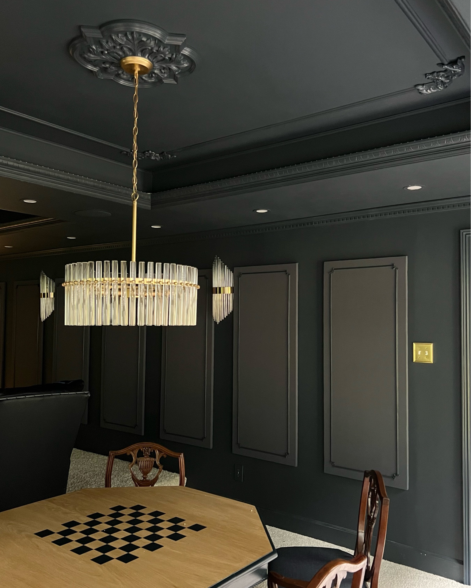 Home theater design with game room. Acoustic panels with detail box moulding and decorative corners  Glam, Art Deco, regency, traditional. 

#LTKsalealert #LTKSale #LTKhome