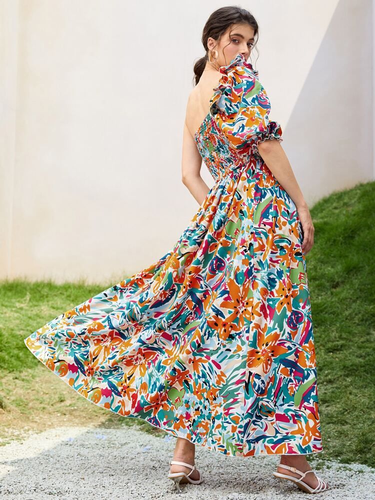 One Shoulder Shirred Floral Print Dress | SHEIN