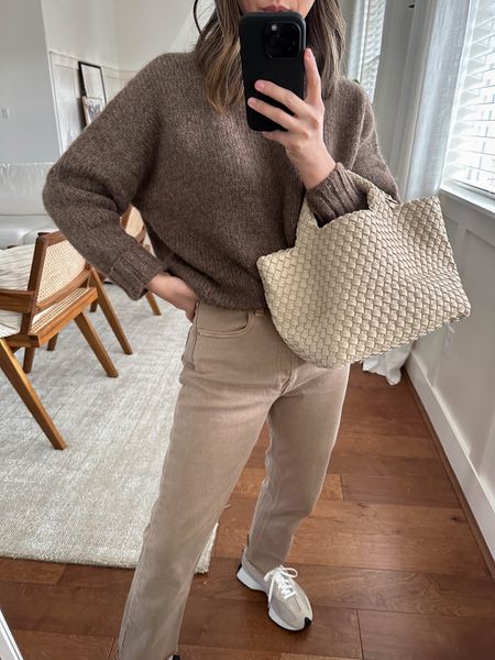 Shades of brown. Tonal dressing. Naghedi mini bag. 

Sweater - Jenni Kayne xxs
Jeans - Gap 26 short. Sized up 2 sizes. 
Sneakers - New Balance 4.5 men’s. These are old but linked a very similar pair  