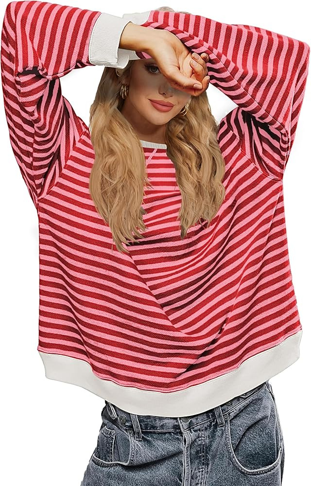 LOZ Women Striped Oversized Sweatshirt Long Sleeve Crewneck Hoodies Shirts Pullover Top Trendy Cl... | Amazon (US)