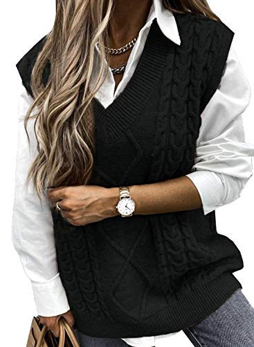 EVALESS Womens Black Sweater Vest V Neck Sleeveless Pullover Sweater Sweaters for Women Cable Knit Solid Color Loose Casual Soft Sweater Small | Amazon (US)