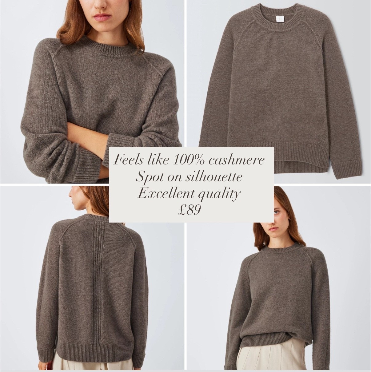 The perfect mid gauge luxury crew neck sweater 
Love the shade 
Silhouette 
Softness 
Quality 
Attention to detail 
It really doesn’t disappoint.  
I wear a large in this style for a loose relaxed fit . 

( Not itchy at all ) 
Available in other shades 
And a cardigan in same yarn 

#LTKworkwear #LTKluxury #LTKautumn