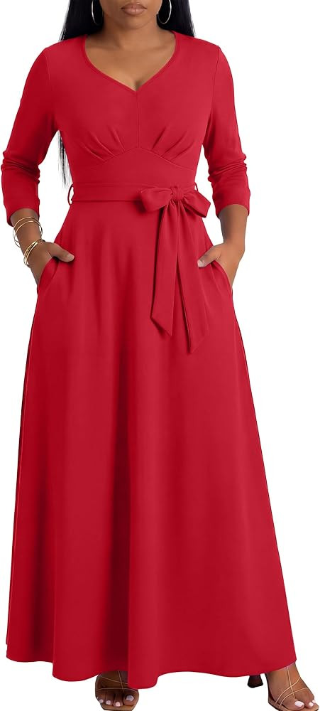 Maxi Dress for Women 3/4 Sleeves V-Neck Semi Formal Church Long Casual Dresses with Pockets | Amazon (US)