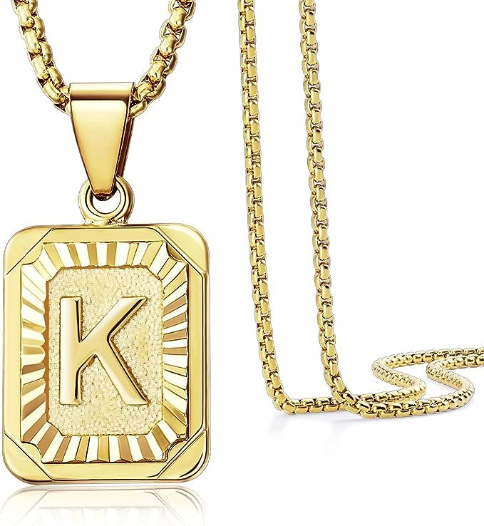 KissYan Initial Letter Pendant Necklace for Mens Womens, 18K Gold Plated Square Capital Monogram ... | Amazon (US)