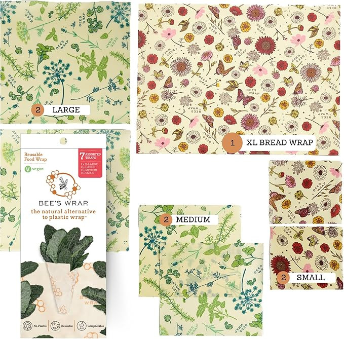 Bee's Wrap Vegan Beeswax Wraps for Food - Assorted 7 Pack (2S, 2M, 2L, & 1 Bread) Made in USA Reu... | Amazon (US)