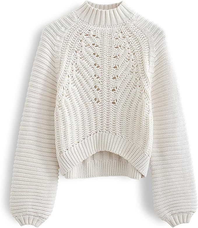 CHICWISH Women's Comfy Casual Cream Ribbed High Neck Chunky Knit Crop Sweater Pullover | Amazon (US)