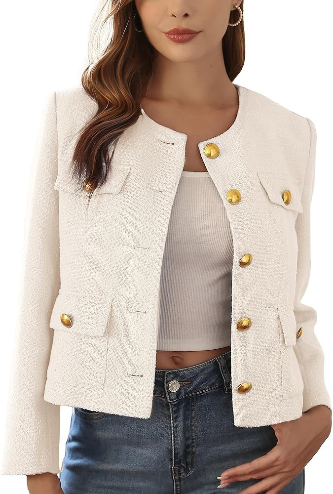 M.Infisavo 2026 Women Tweed Jacket Cropped Blazers Spring Elegant Round Neck Pockets Business Cas... | Amazon (US)