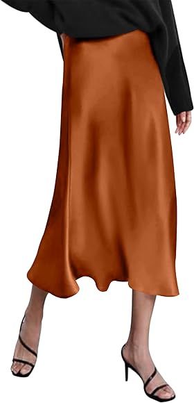 Zeagoo Womens Midi Skirt High Waisted Solid Satin Dress Zipper Elegant Work Skirts | Amazon (US)