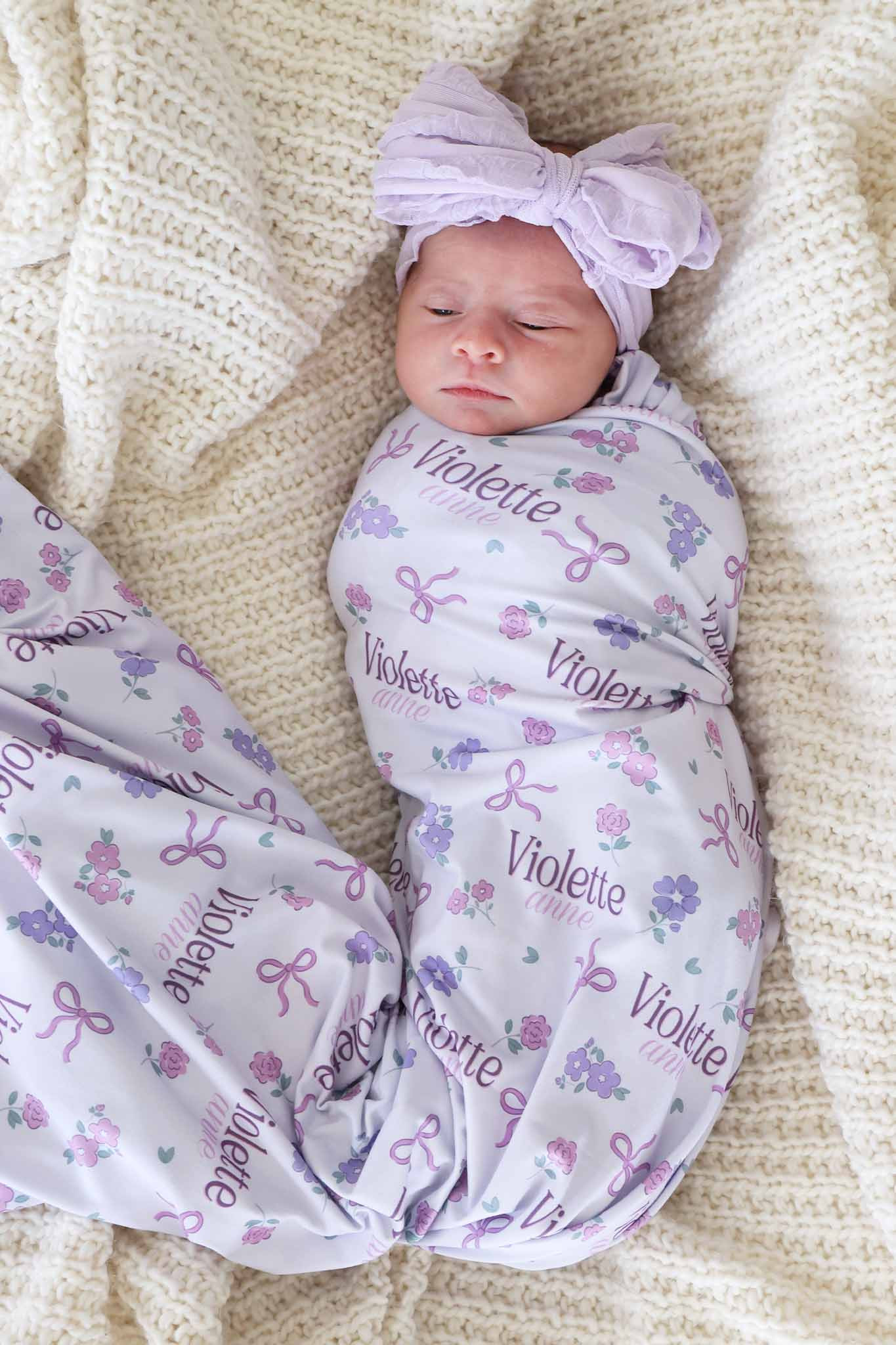 Ribbon & Roses Personalized Swaddle Blanket | Purple | Caden Lane