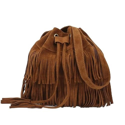 Fringe Hobo Purse Bags for Women Crossbody Purses with Drawstring Ladies Tassel Tote Shoulder Bucket Handbags,Brown | Amazon (US)