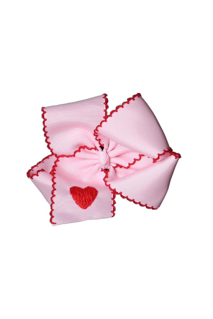 Embroidered Heart Scalloped Edge Grosgrain Bow Pink/Red | The Smocked Flamingo
