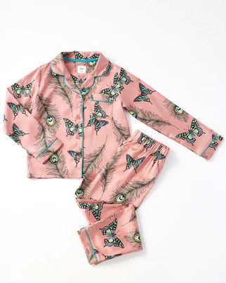 Blush Butterfly & Peacock Satin Button Up Long Set | Chelsea Peers NYC
