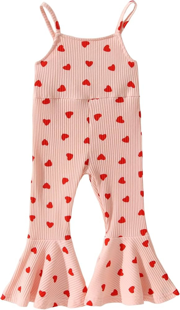 BOUTIKOME Toddler Baby Girl Valentine's Day Outfits Bell Bottom Romper Love Heart Strap Sleeveles... | Amazon (US)