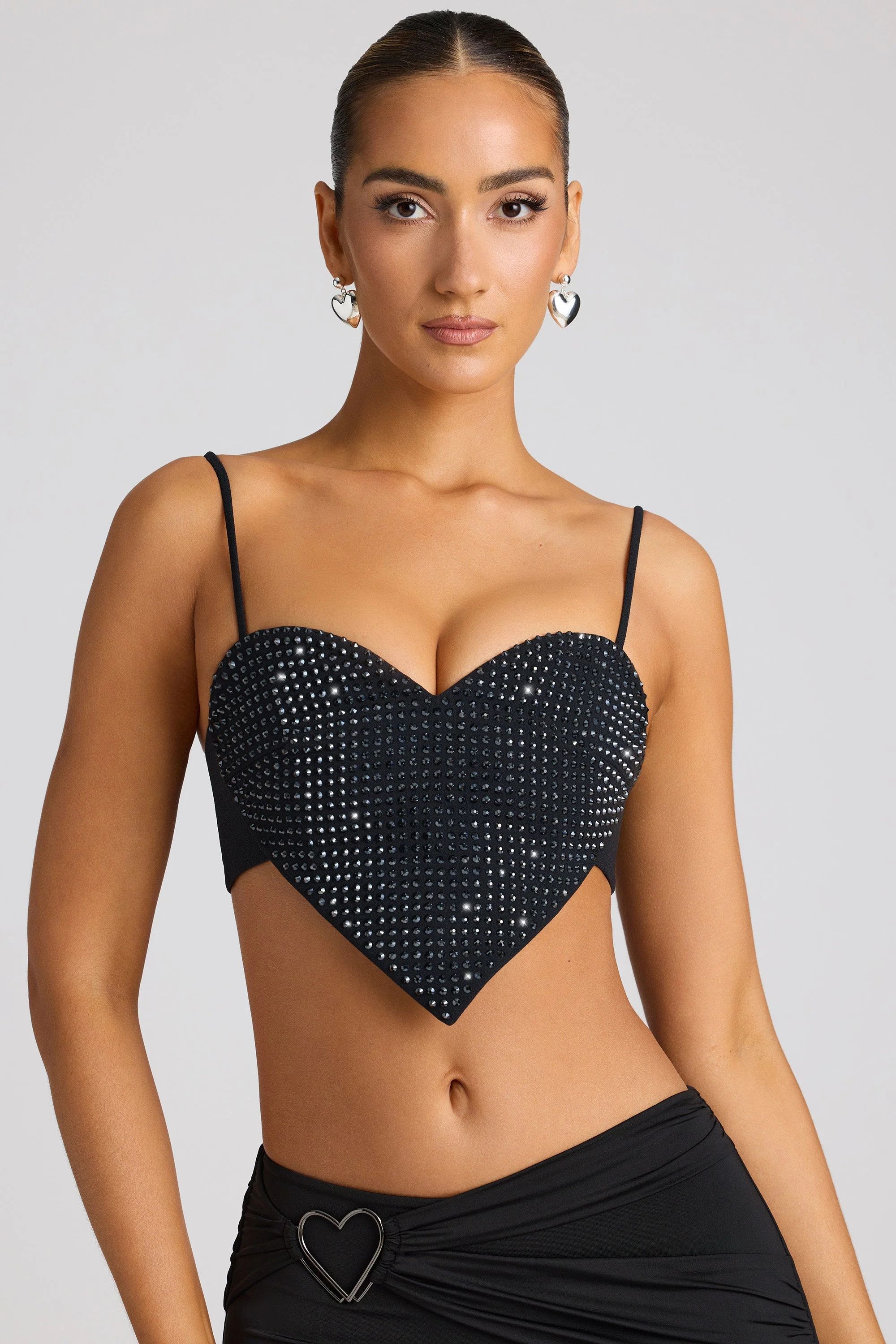 Embellished Heart Detail Crop Top in Black | Oh Polly