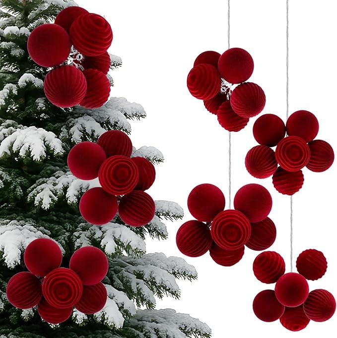 4 Sets Big Red Velvet Christmas Ball Clusters Tree Ornament Decorations Christmas Ball on Wired P... | Amazon (US)