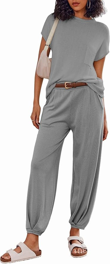 Ekouaer Women's 2 Piece Lounge Set Cap Sleeve Tops and Jogger Pants Knit Pajama Sweatsuit S-XXL | Amazon (US)