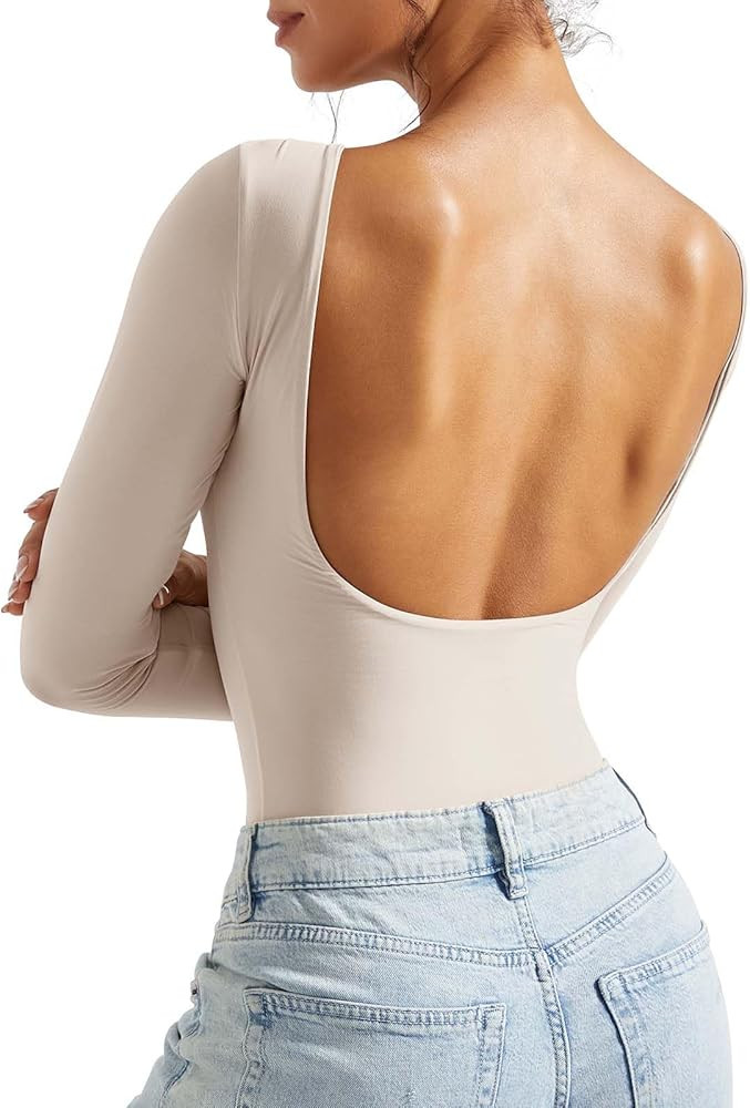 SUUKSESS Women Backless Y2k Long Sleeve Bodysuit Double Lined Open Back Sexy Basic Top | Amazon (US)