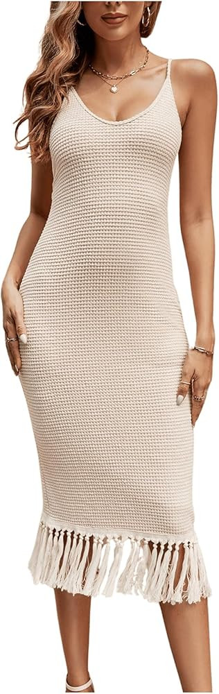 MakeMeChic Women's Criss Cross Backless Cami Dress Fringe Hem Sleeveless Bodycon Summer Midi Dres... | Amazon (US)