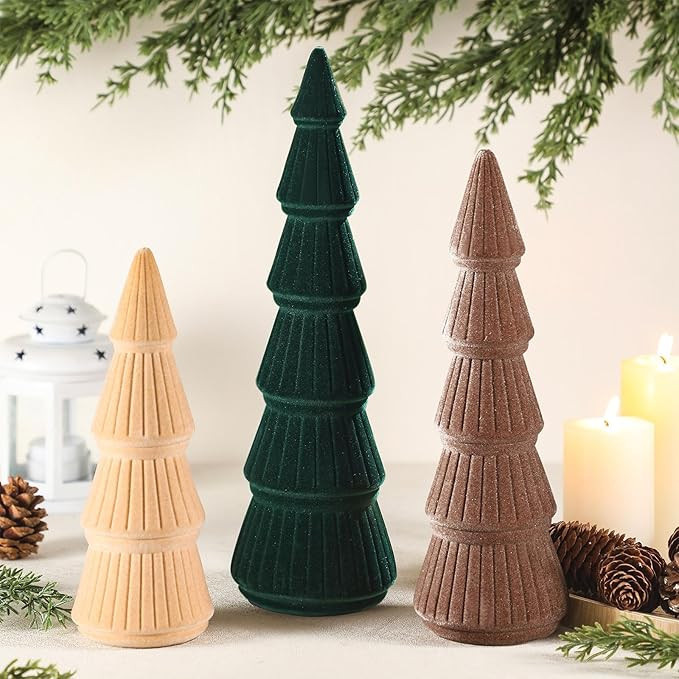 Bucherry 3 PCS Velvet Christmas Tree Figurines Decoration - 8" 10" 14" Modern Cone Christmas Tabl... | Amazon (US)