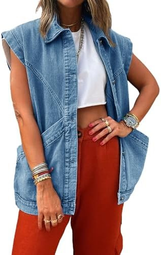 PLNOTME Womens Oversized Sleeveless Denim Vest Classic Button Down Jean Vest Casual Utility Lapel... | Amazon (US)