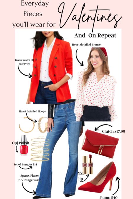 Everyday Pieces you’ll wear for Valentine’s Day and on repeat✔️

♥️💕🤍
60% off Sale blazer from loft 

Avara ♥️ blouse 
Gold bangle bracelets $14.99
Heart detailed hopes $8.99
Red pumps $40
Red clutch with zipper details $17.99 Amazon find 

Spanx flares in vintage wash 

Opi Polish coke cola

Ysl buttery/silky lip stick

#LTKstyletip #LTKGiftGuide #LTKworkwear