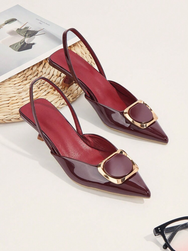 Womans 2025 Metal Buckle Pointed Toe Kitten Heels Burgundy  | SHEIN