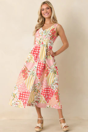 Sweet on Sunshine Red Multi Patchwork Print Midi Dress | Red Dress