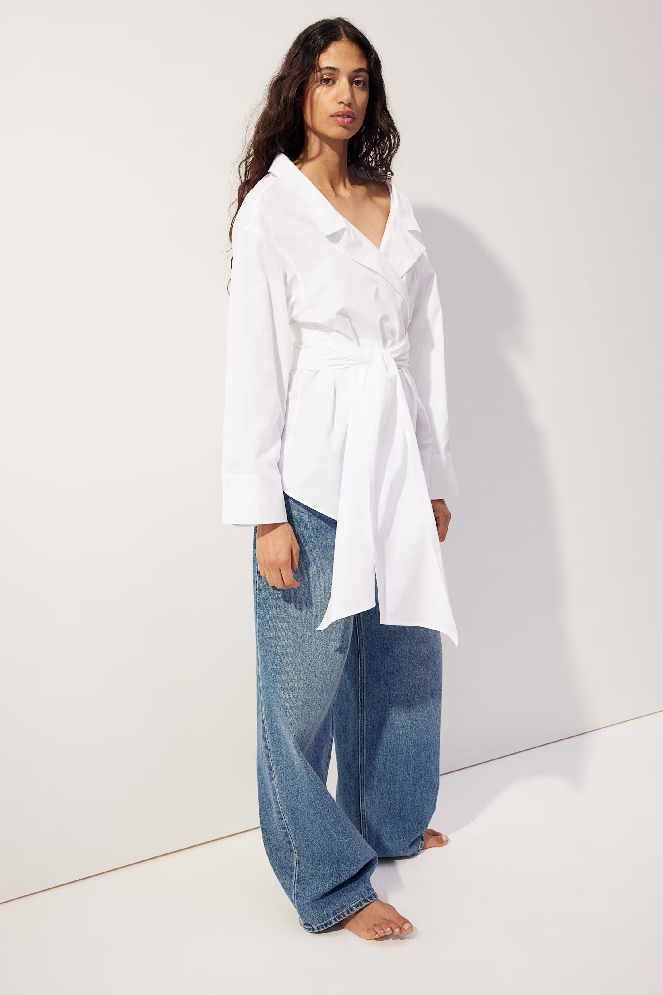 Poplin wrap blouse - Boat neck - Long sleeve - White - Ladies | H&M GB | H&M (UK, MY, IN, SG, PH, TW, HK)