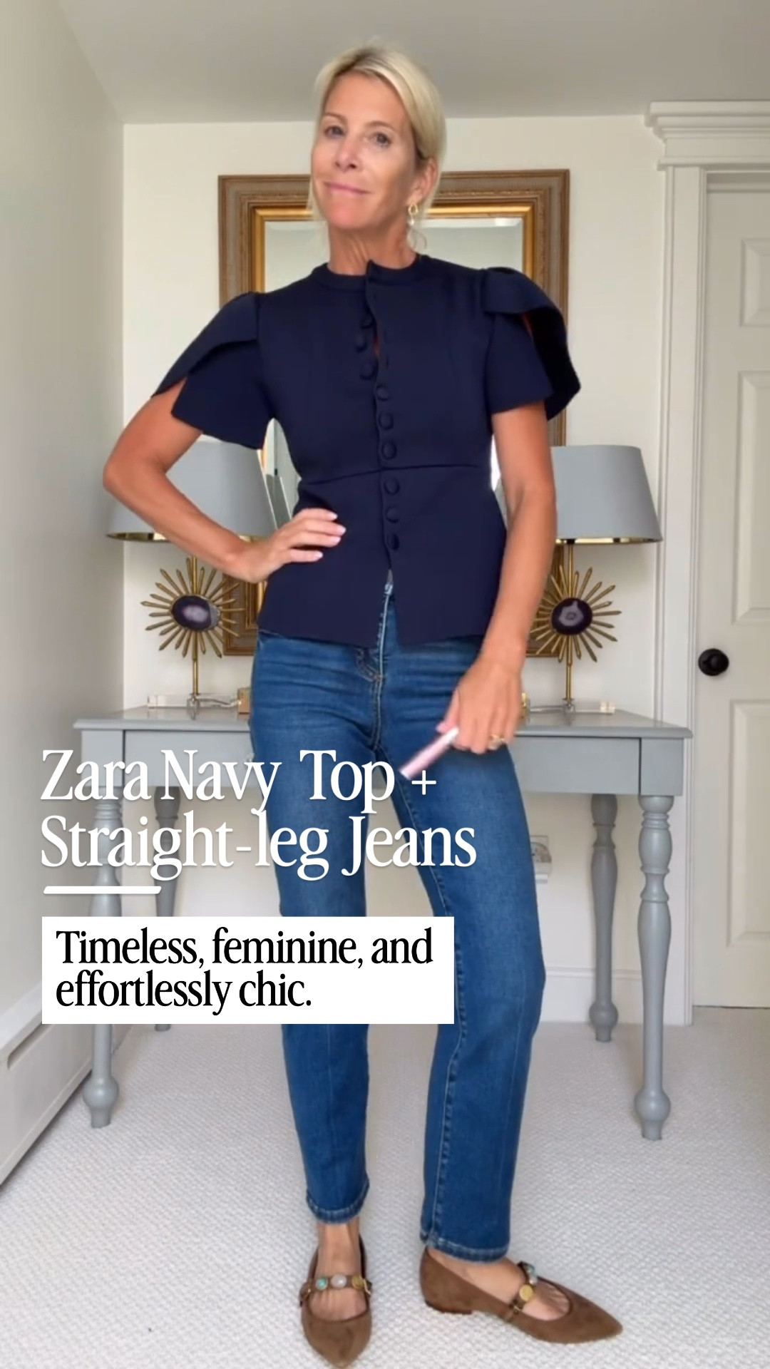 This navy Zara top is one of those pieces that makes denim feel instantly polished. 💙 The statement sleeves and tailored silhouette give it an elevated look while still being easy to wear every day. I paired it with straight-leg jeans and simple flats for an outfit that feels timeless, feminine, and effortlessly chic. This is the kind of top you’ll reach for whenever you want to look put together without overthinking it.

👩‍💻 LTK PRO TIPS
❤️ Heart = Support my posts ;-)
🔖 Save = Get sale & restock alerts for the things you love!
📋 Lists = Keep favorites organized (List ideas: Christmas, Birthdays, and Vacations!)
📲 Share = Send lists and products to a friend (or your daughters like me).
💬 Comment = Ask me anything, and I’ll answer. ;-)

#LTKootd #LTKSeasonal #LTKOver40