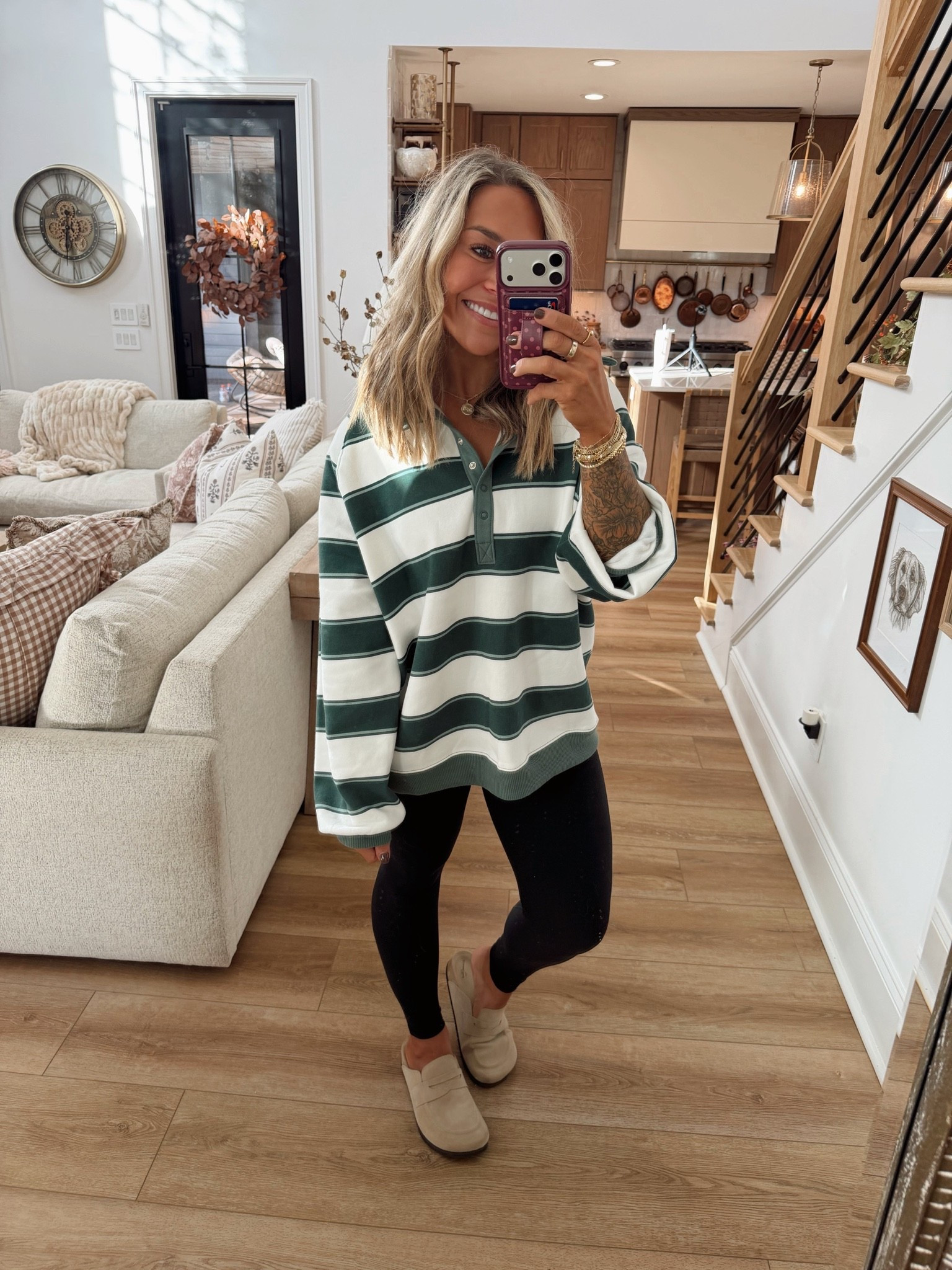 Love this gorgeous green striped button pullover! So cozy for fall 👏🏼 sized up to a L & it’s very oversized heads up! Leggings in a M & 1/2 size up in my mules! 

@Target / Amazon fashion / comfy / casual / ootd / Holley Gabrielle / cute

#LTKootd #LTKActive #LTKSeasonal
