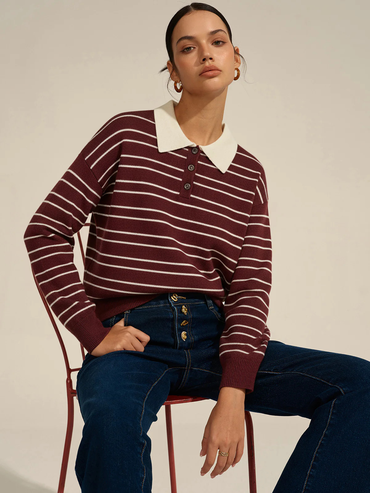Striped Long Sleeved Knit Polo Top | Commense