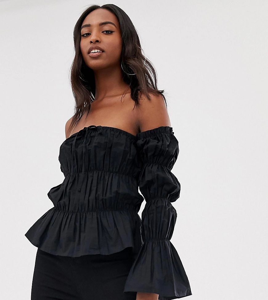COLLUSION Tall ruched tie front off the shoulder top-Black | ASOS (Global)