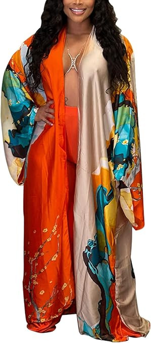 Famnbro Women's Floral Print Satin Robe Kimono Cardigan Open Front Long Cover Ups Outerwear One S... | Amazon (US)