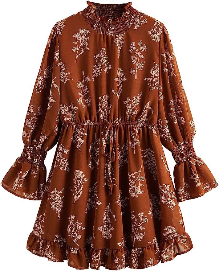 Floerns Women's Mock Neck Long Sleeve Floral Print Ruffle Short Dress at Amazon Women’s Clothin... | Amazon (US)