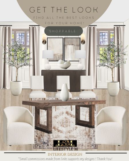 Bright and cozy dining room design. Recreate the look at home. Wood dining table, white upholstered dining chairs, dining room rug, wall art, table lamp, white vase, white decorative bowl, wood buffet console table, wall sconce light, wood floor tile, white tree planter pot, faux fake olive tree, curtain drapes. 

#LTKstyletip #LTKhome #LTKFind
