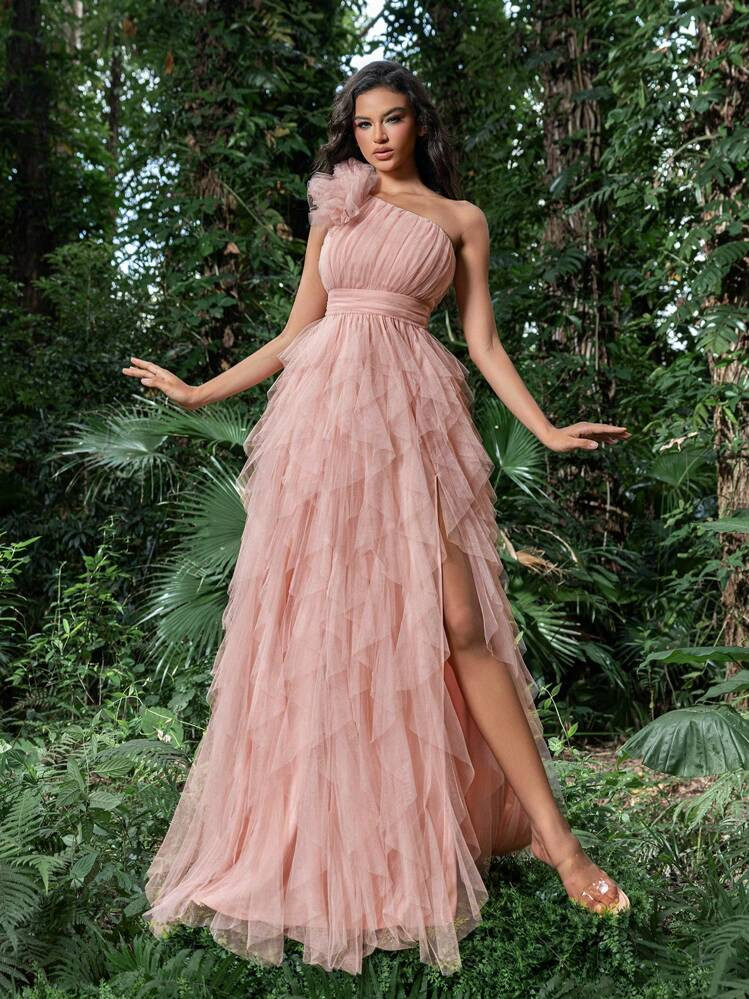 Faeriesty Elegant Maxi Evening Dress With Cascading Layered Tulle & Split Hem | Ideal For Celebrity Parties, Summer Galas, Or Luxury Garden Soirees Party Dress Wedding Guest Dress Formal Dress,Gown | SHEIN