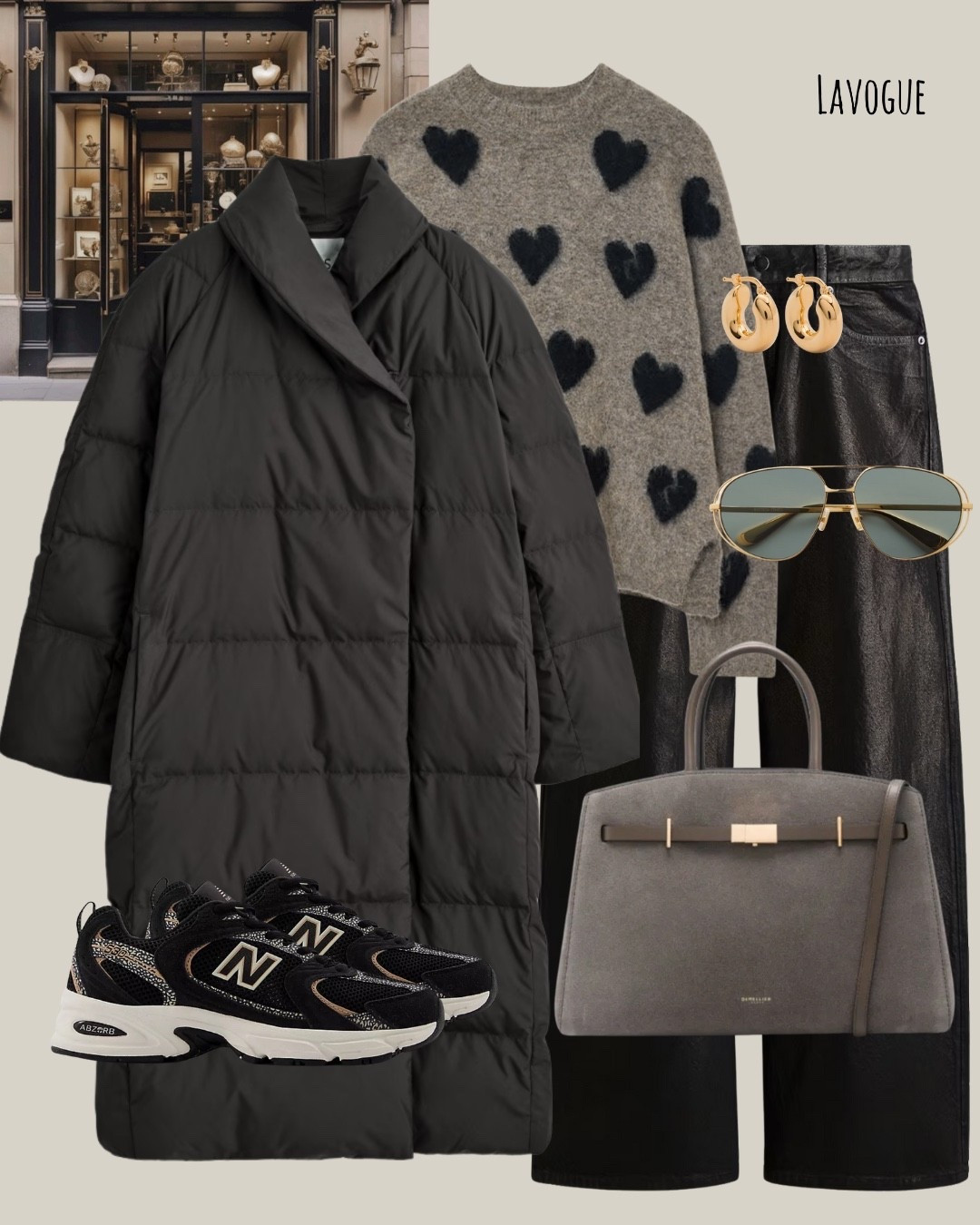 Staying cozy in a black shawl collar puffer, layered over a grey + black heart cardigan and coated black pants. Finished with my DeMellier suede bag and black sneakers for a clean, everyday winter look.

#LTKHoliday #LTKSeasonal #LTKWorkwear