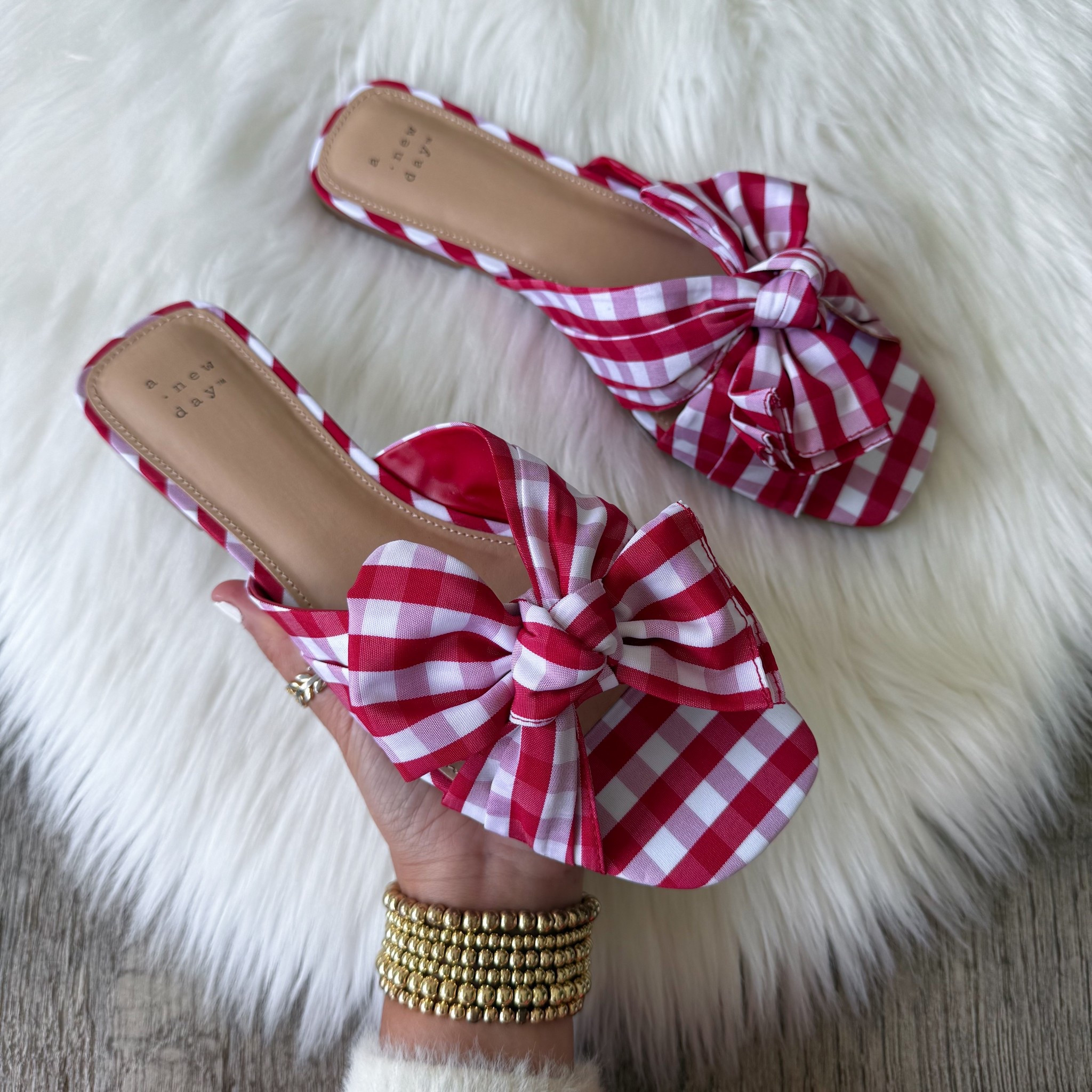 Women's Scarlet Gingham Bow Flat Sandals - A New Day™ Red
