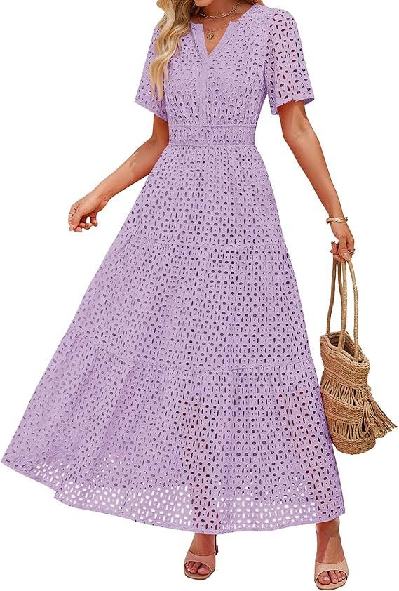 ZESICA Women's 2025 Summer Short Sleeve Maxi Dress Casual V Neck Hollow Out Eyelet Ruffle Swing A... | Amazon (US)