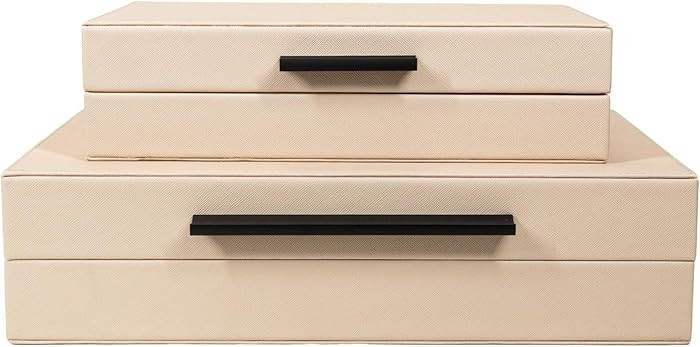 Set of 2 Ivory Shagreen Decorative Boxes with Black Metal Handles, Faux Leather Nesting Decor Sto... | Amazon (US)