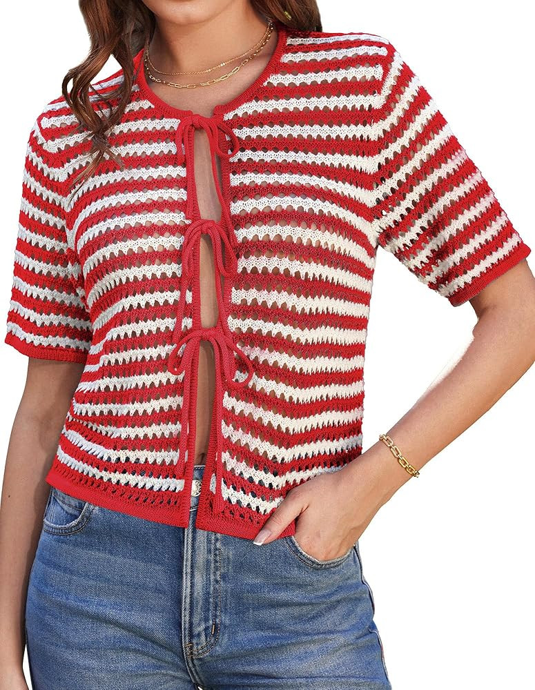 GRACE KARIN Womens Summer Tie Front Cardigan Striped Short Sleeve Sweater Crochet Cropped Tops Ca... | Amazon (US)
