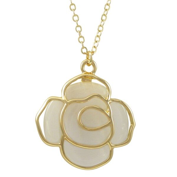 Luxiro Gold Finish Faux Cat Eye Rose Flower Pendant Necklace - White | Bed Bath & Beyond