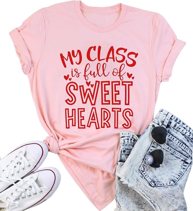 Valentine Teacher T-Shirts Women My Class is Full of Sweethearts Shirt Casual Loose Short Sleeve ... | Amazon (US)